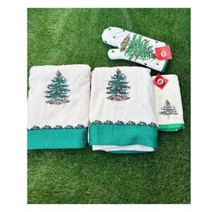Spode Christmas Tree 4 Piece‎ Set 2 Bath Towels 1 Hand Towel 1 Oven Mitt Green